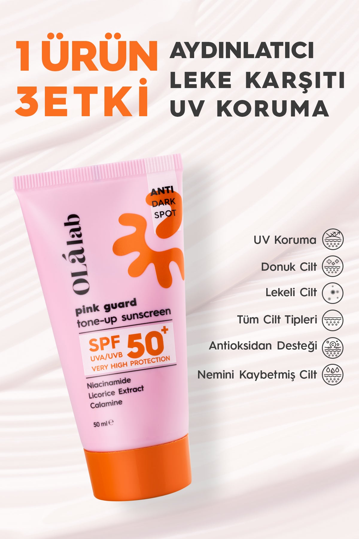 Aydınlatıcı Ton Eşitleyici SPF 50+ Yüksek UV Koruma Pembe Yüz Güneş Kremi 50 ml