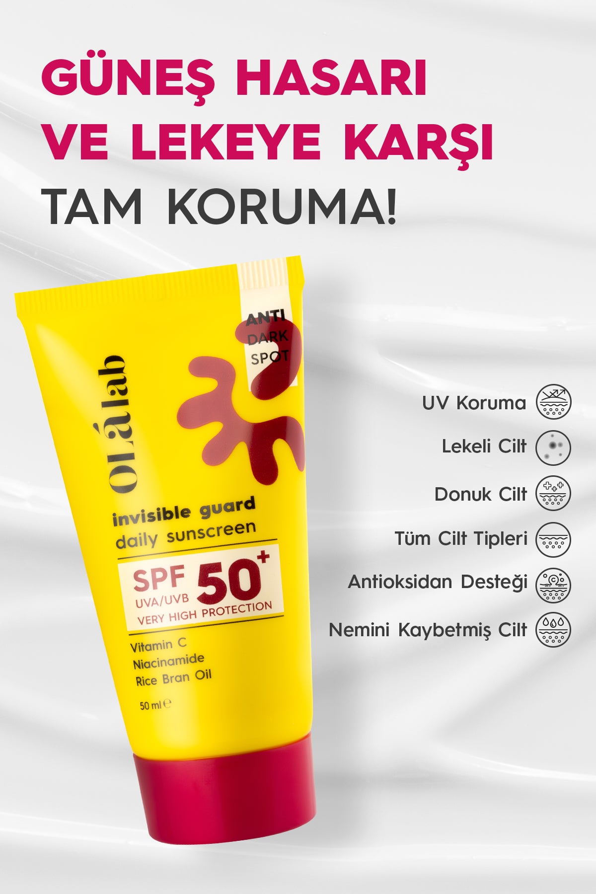 C Vitaminli Leke Karşıtı SPF 50+ Yüksek UV Korumalı Yüz Güneş Kremi 50 ml